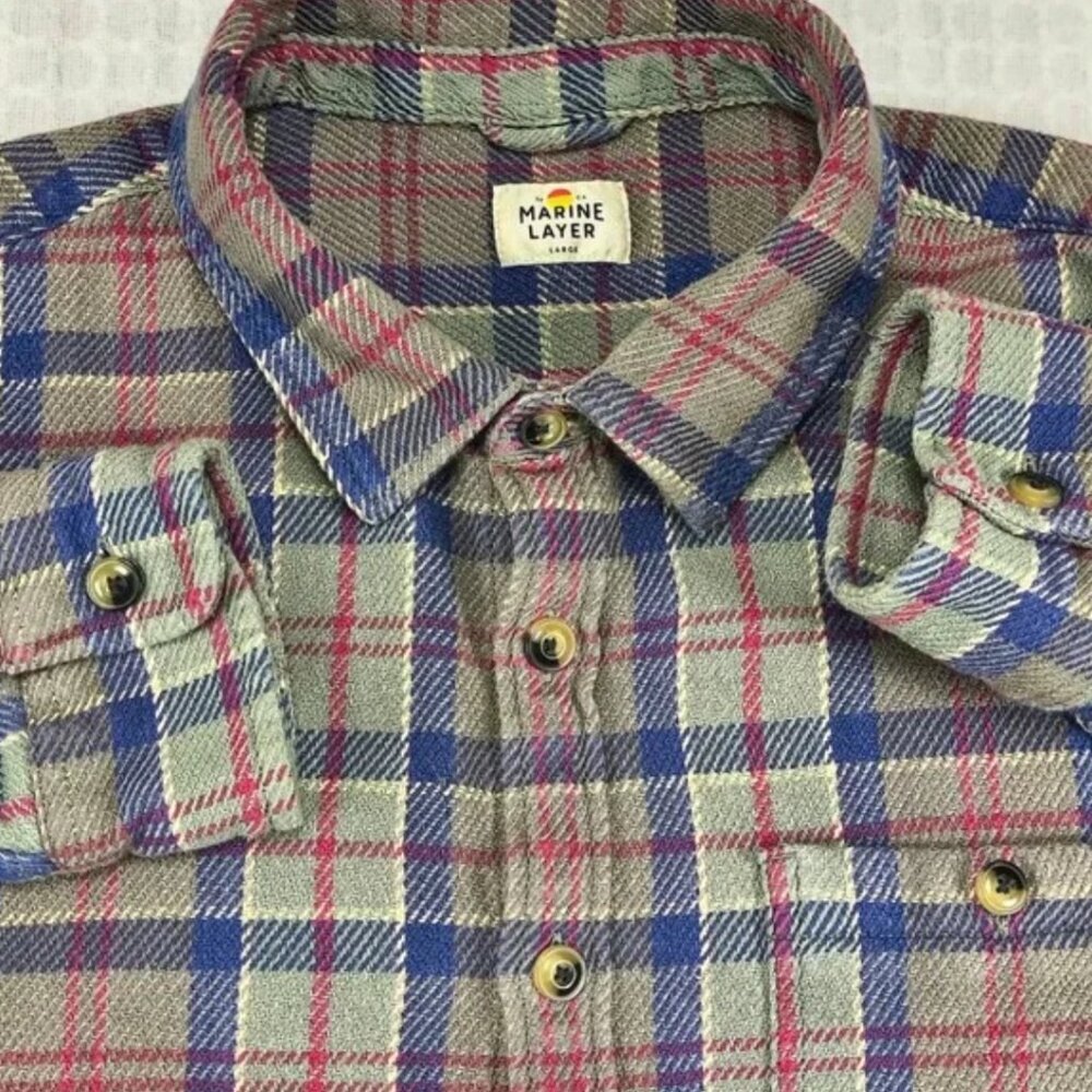 Marine Layer Plaid Flannel Button Down Shirt Men's Medium  Long Sleeve Cotton